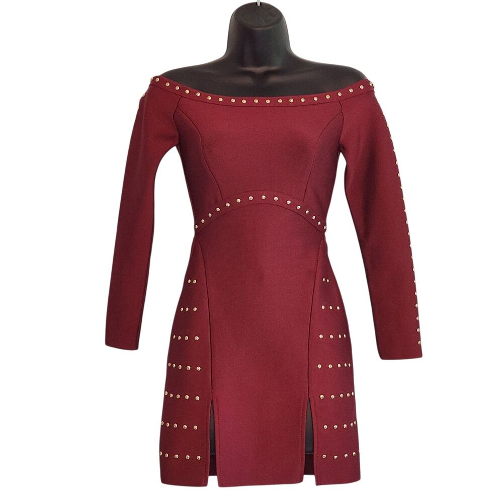 Topshop bodycon dress off shoulder studded burgundy size 2